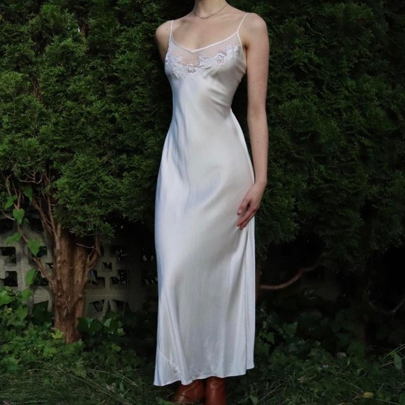 Vintage Y2K Backless 100% Silk Dress Mesh Bodice Beaded Silk Dress - Picture 3 of 16